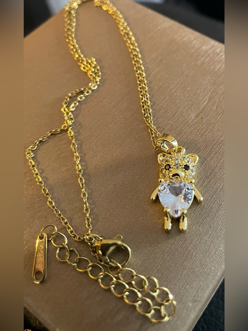Gold-Tone Crystal Bear Pendant Necklace - Heart Gem Accent